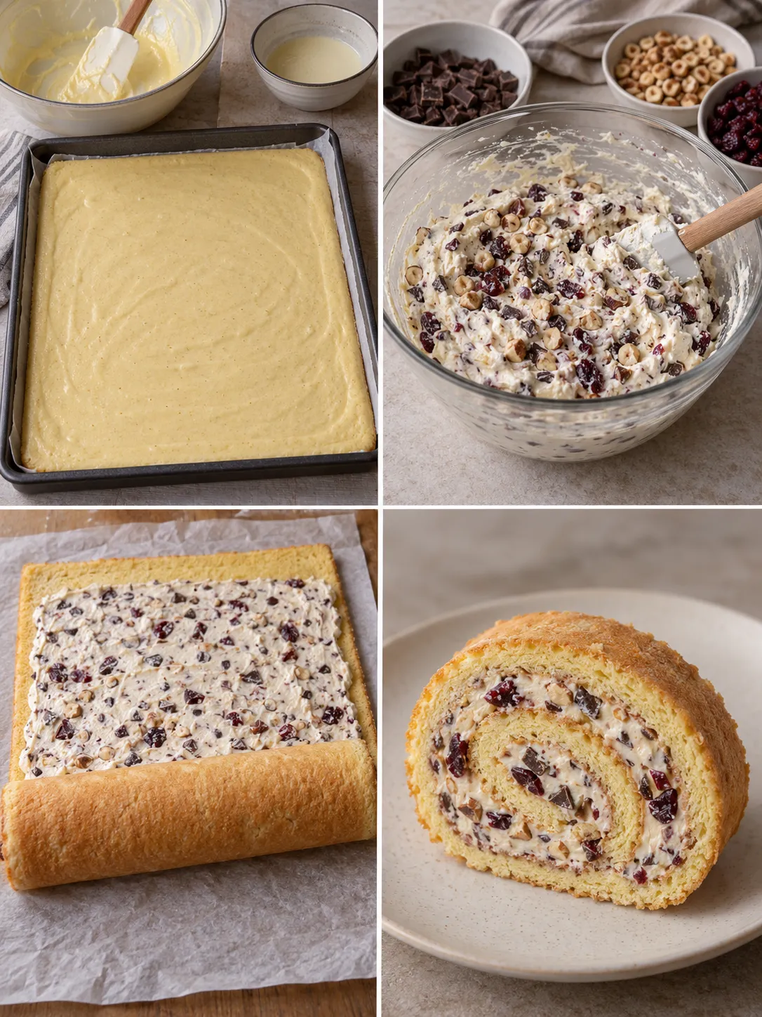 Sponge roll with chocolate and hazelnuts — cranberries