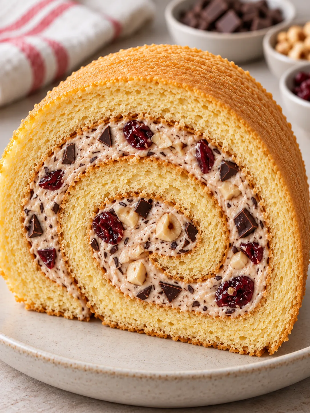 Sponge roll with chocolate and hazelnuts — cranberries