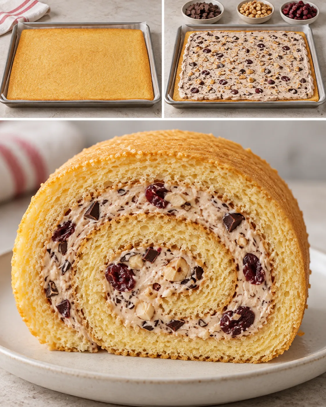 Sponge roll with chocolate and hazelnuts — cranberries