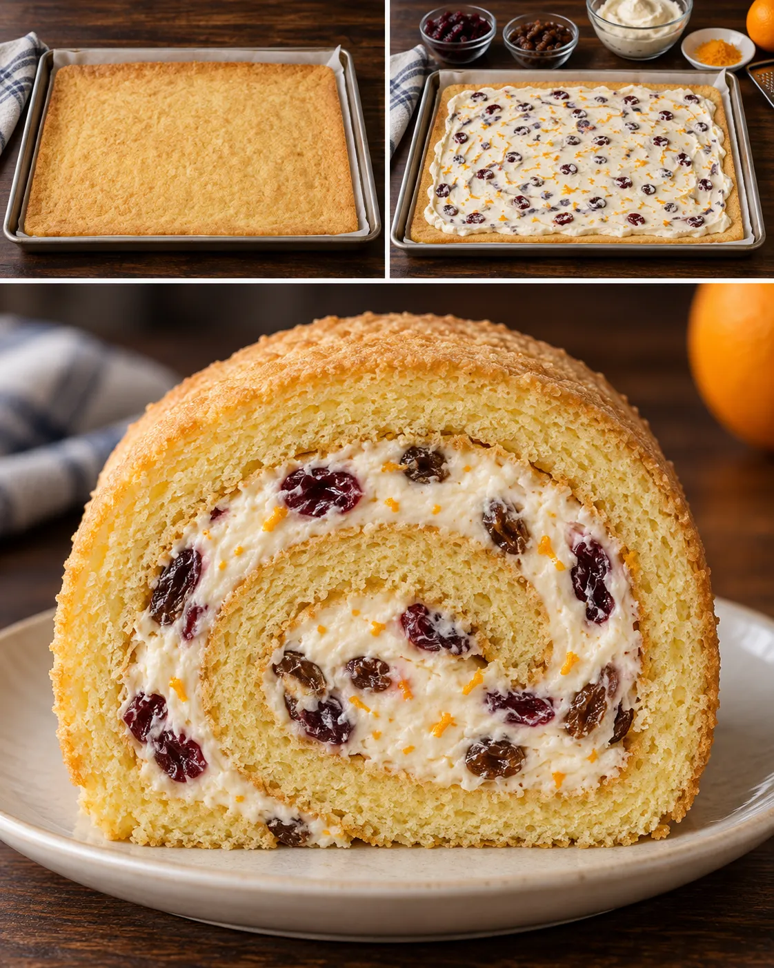 Sponge roll with cranberries and orange — raisins
