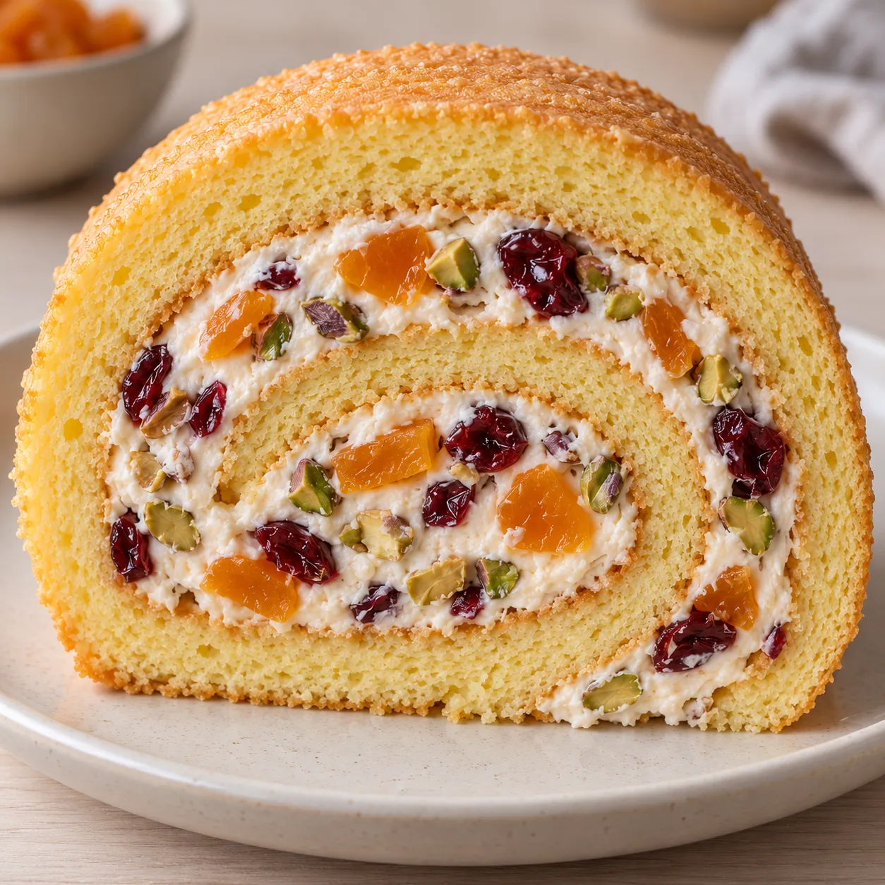 Sponge roll with apricots and pistachios — cranberries