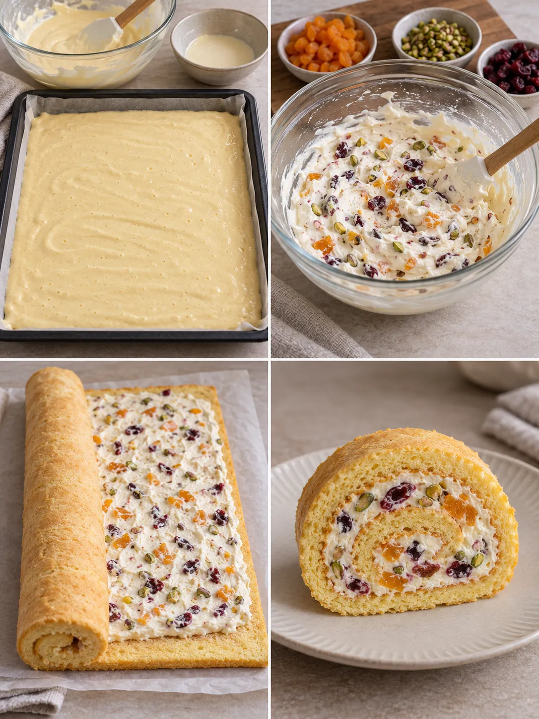 Sponge roll with apricots and pistachios — cranberries