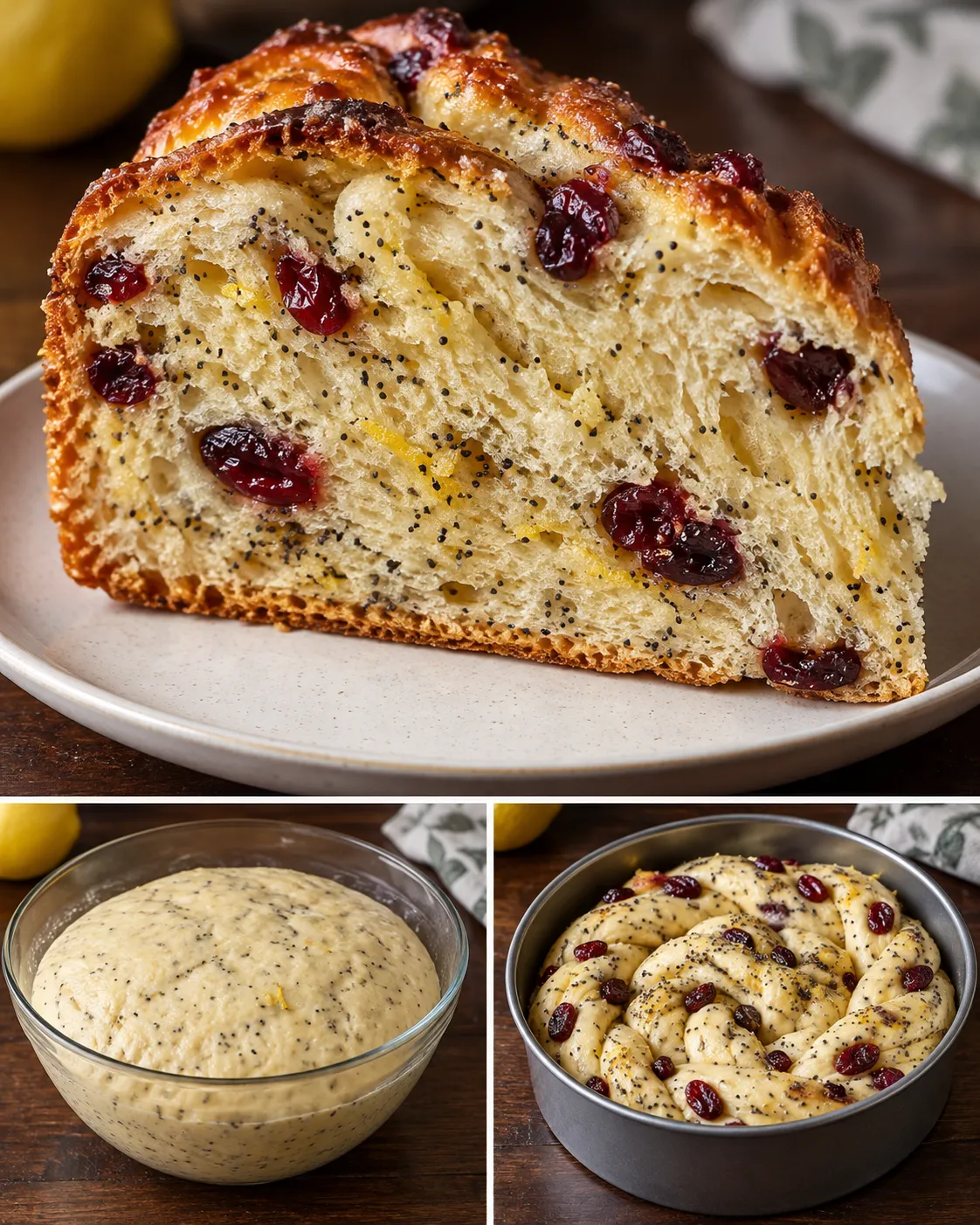 Sweet yeast cake with lemon and poppy seeds — cranberries