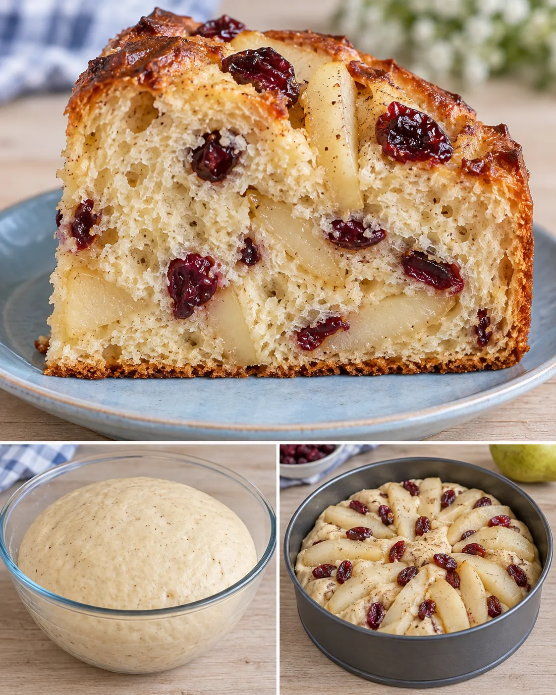 Sweet yeast cake with cardamom and pear — cranberries