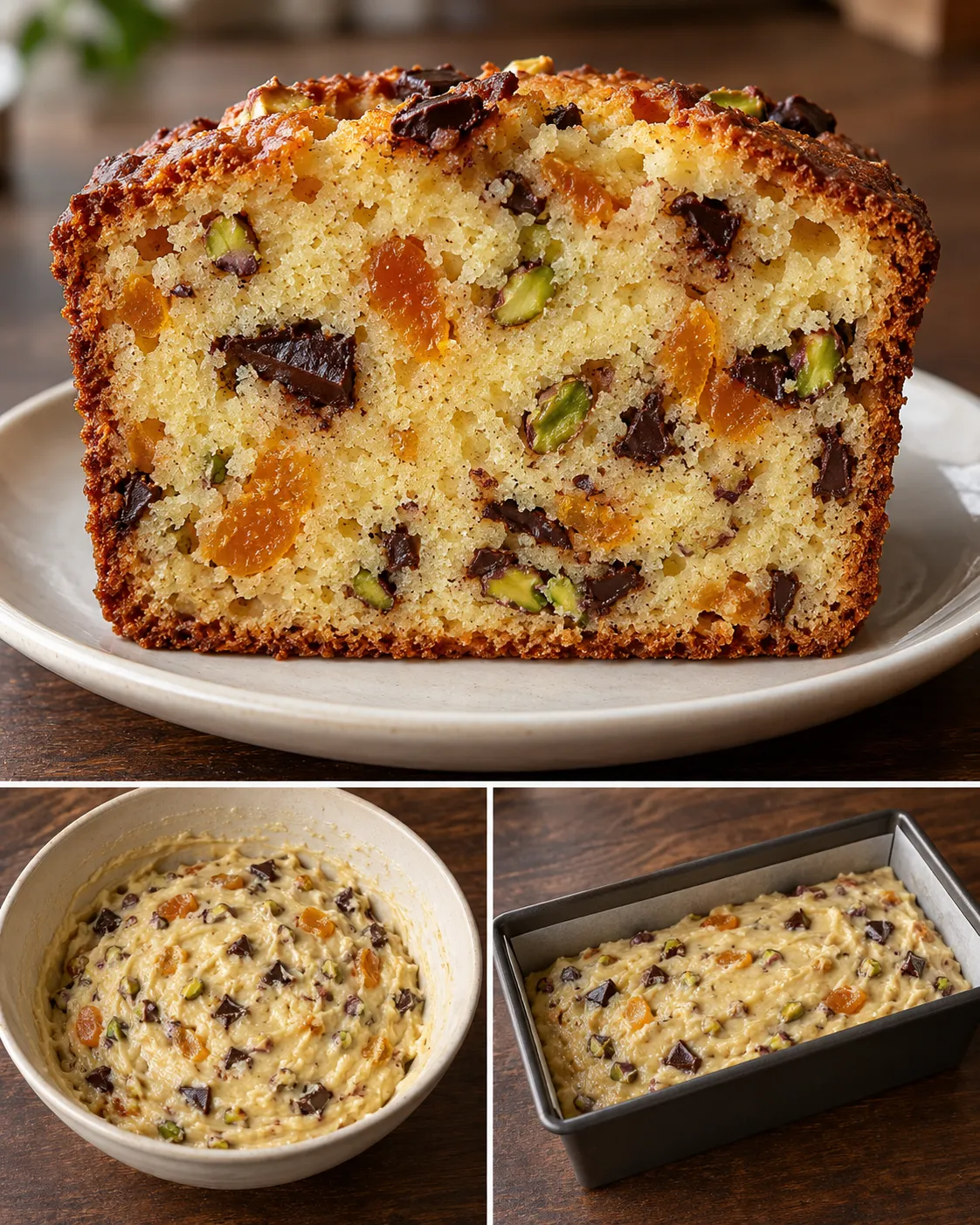 Butter loaf with apricots and pistachios — dark chocolate