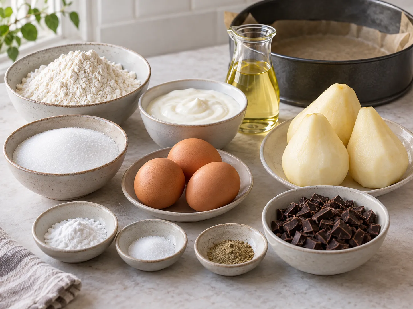 large eggs, granulated sugar, plain full-fat yogurt, neutral sunflower oil