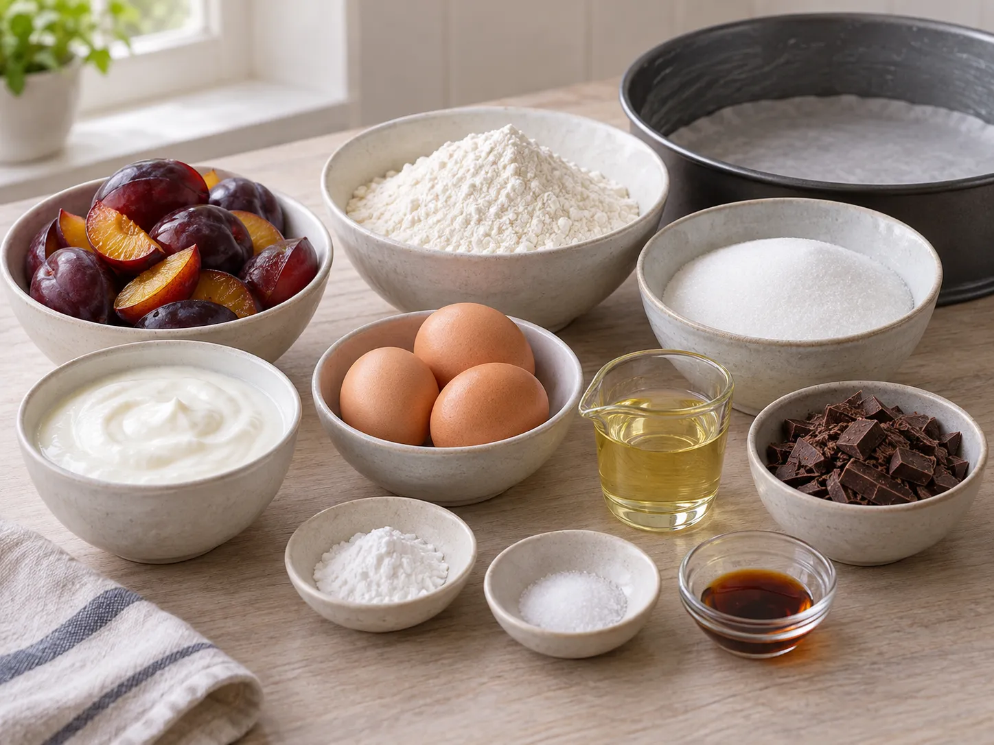 large eggs, granulated sugar, plain full-fat yogurt, neutral sunflower oil