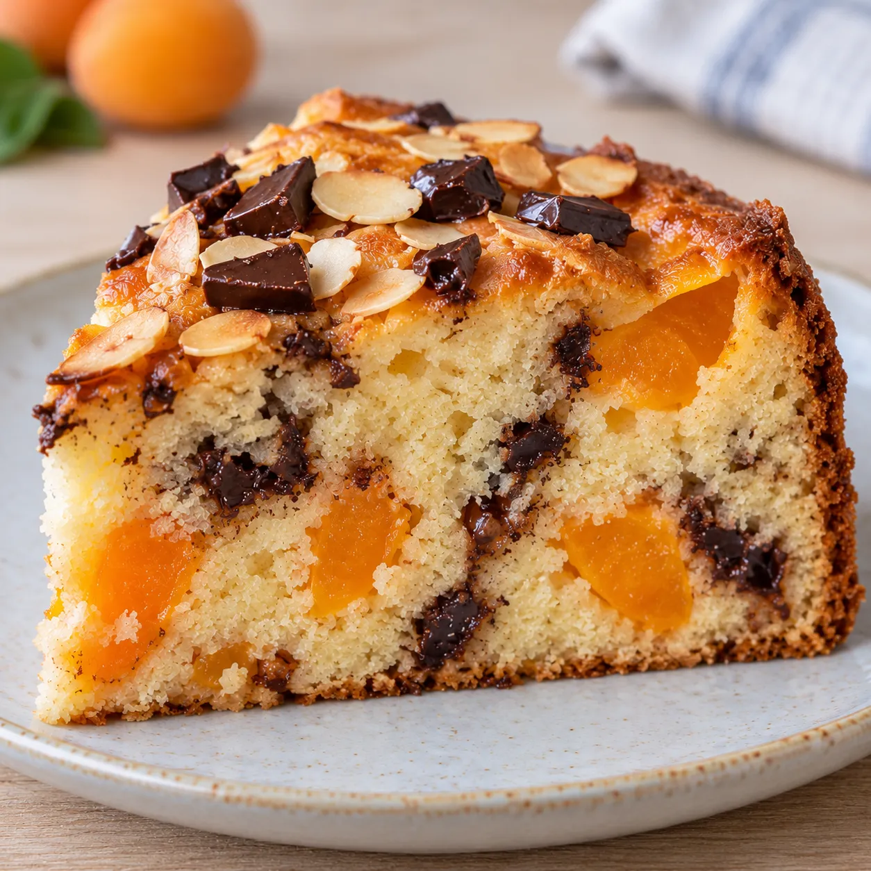 Yogurt cake with apricots and almonds — dark chocolate