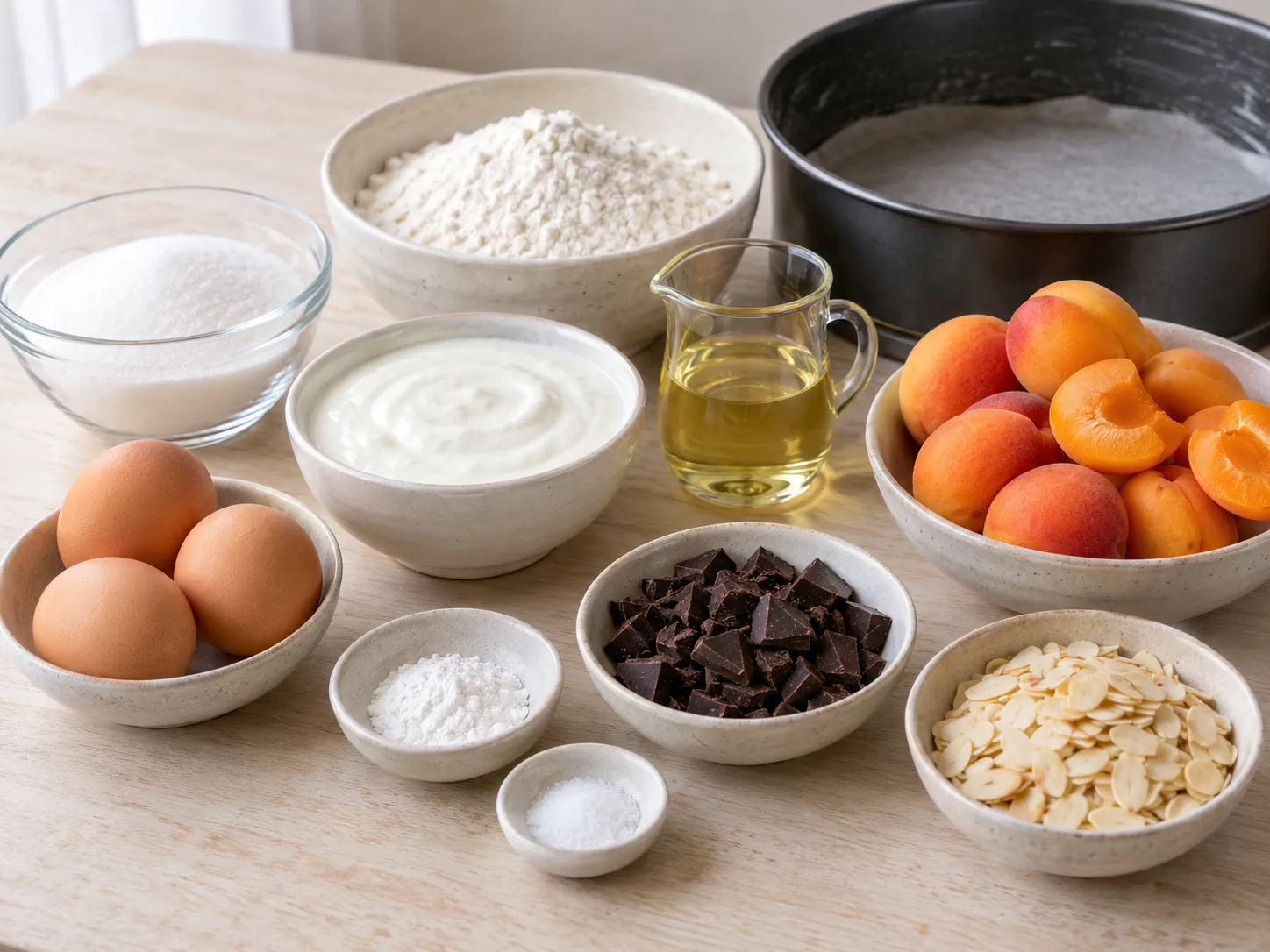 large eggs, granulated sugar, plain full-fat yogurt, neutral sunflower oil