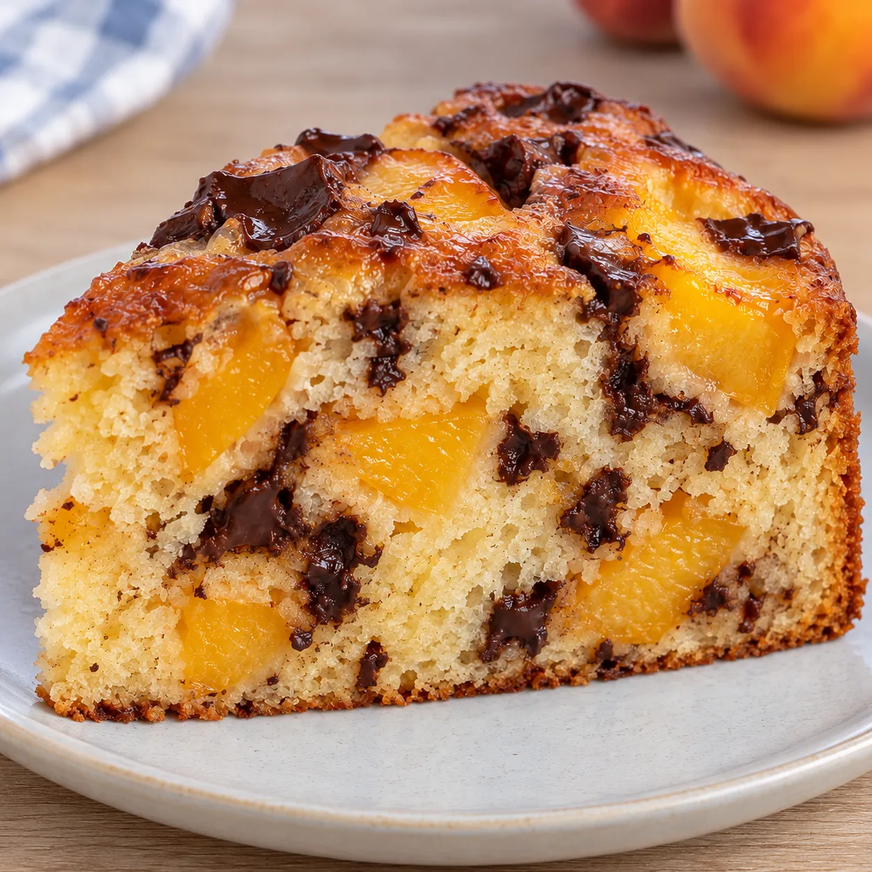 Yogurt cake with peaches and vanilla — dark chocolate