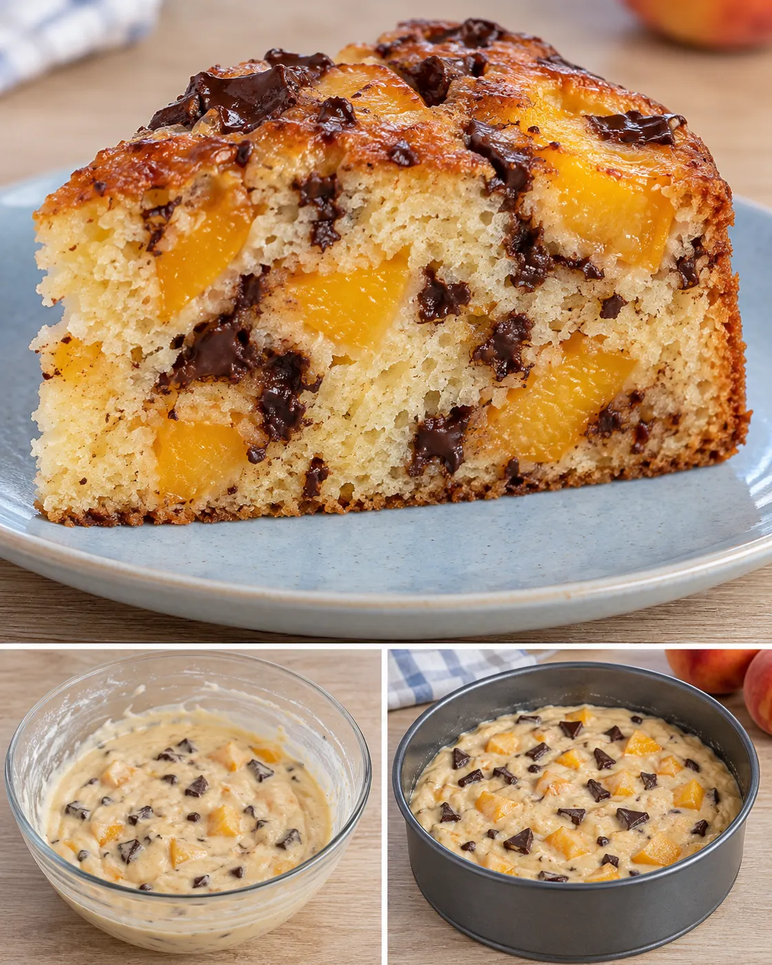 Yogurt cake with peaches and vanilla — dark chocolate