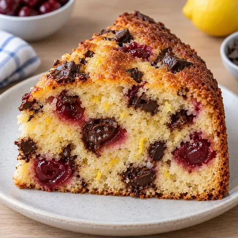 Yogurt cake with cherries and lemon — dark chocolate