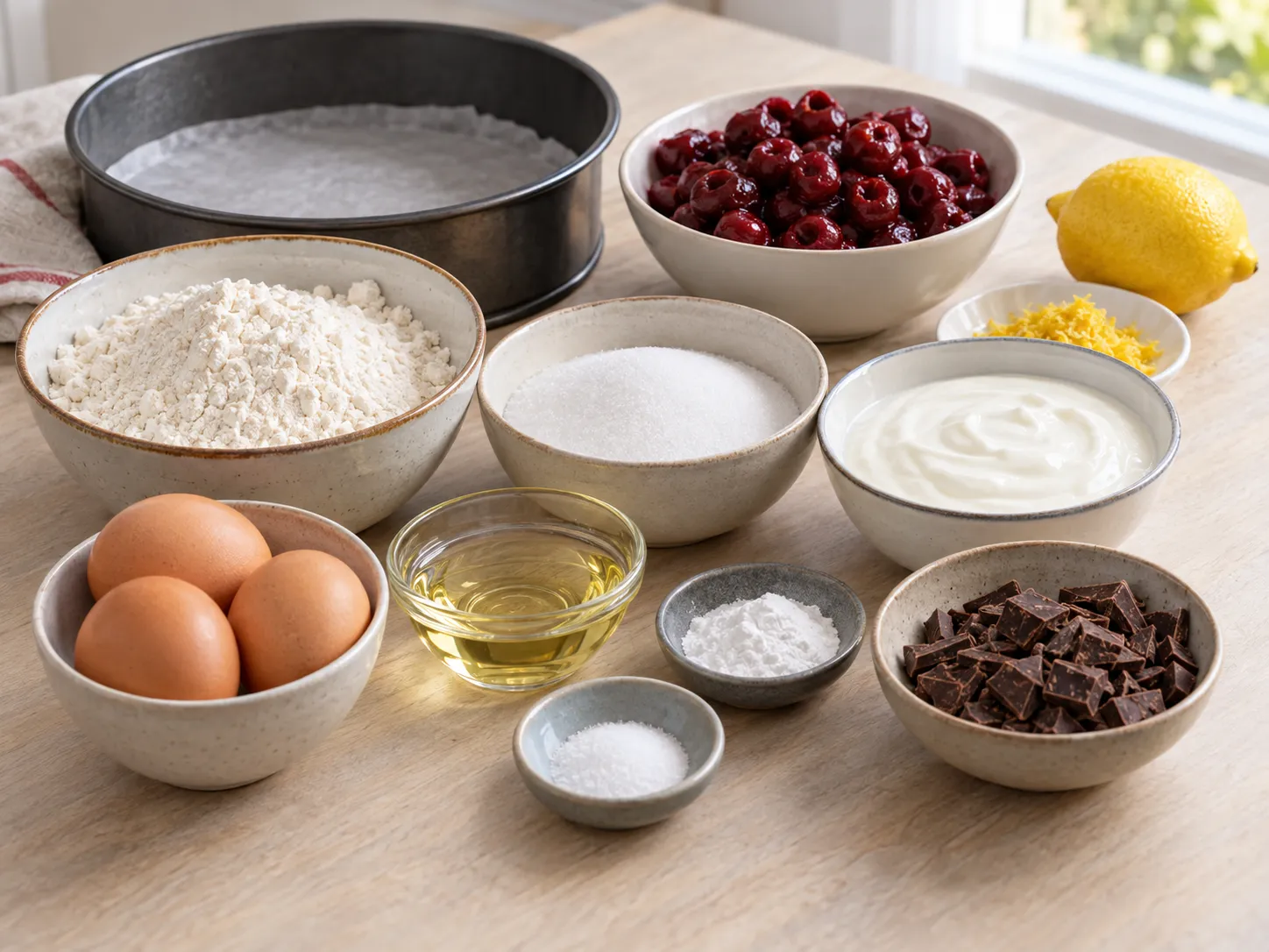 large eggs, granulated sugar, plain full-fat yogurt, neutral sunflower oil