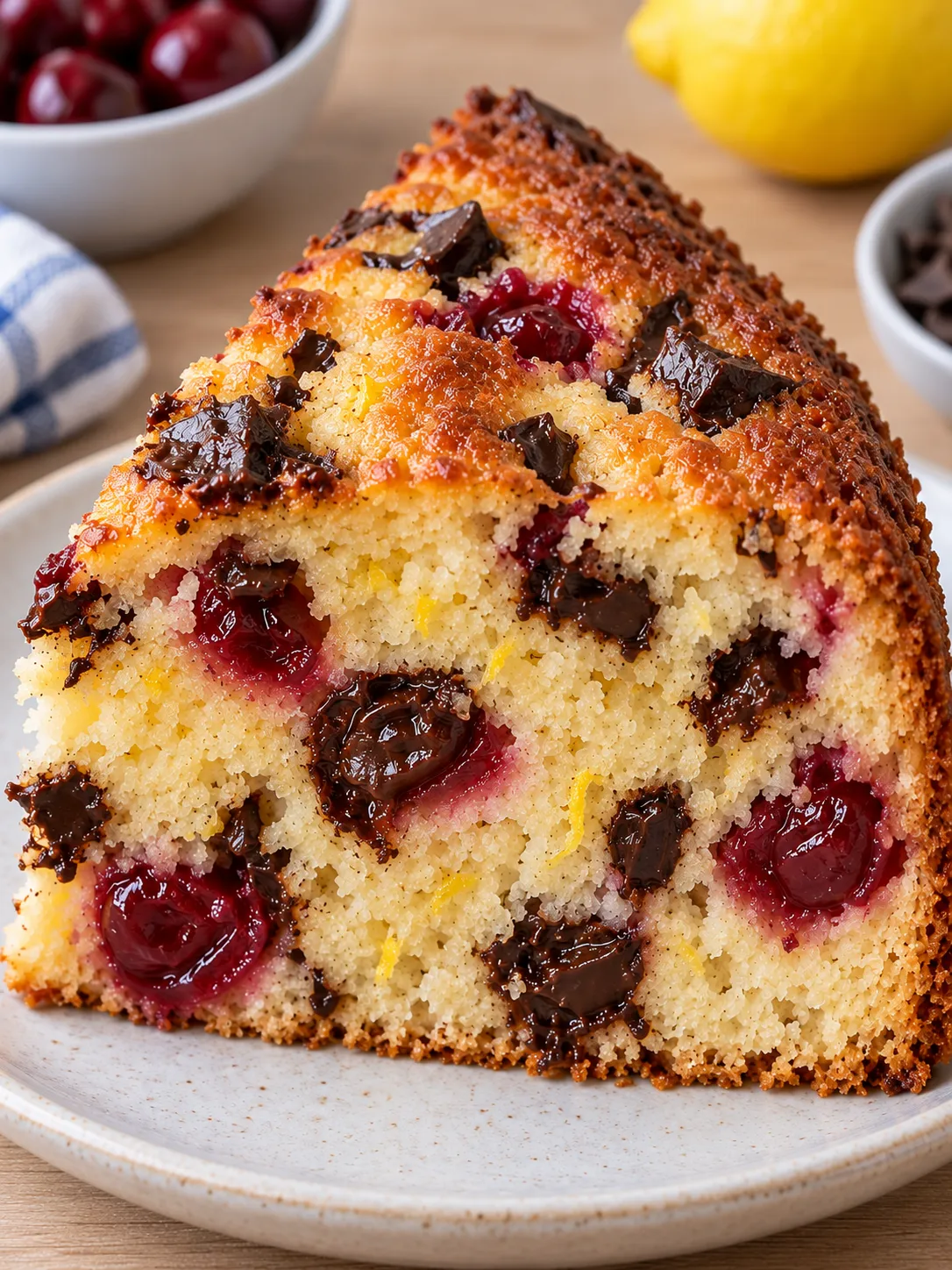 Yogurt cake with cherries and lemon — dark chocolate