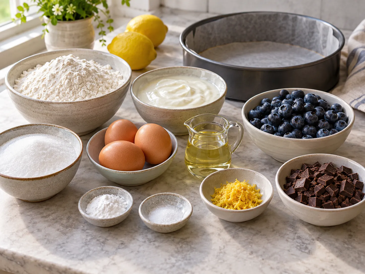 large eggs, granulated sugar, plain full-fat yogurt, neutral sunflower oil