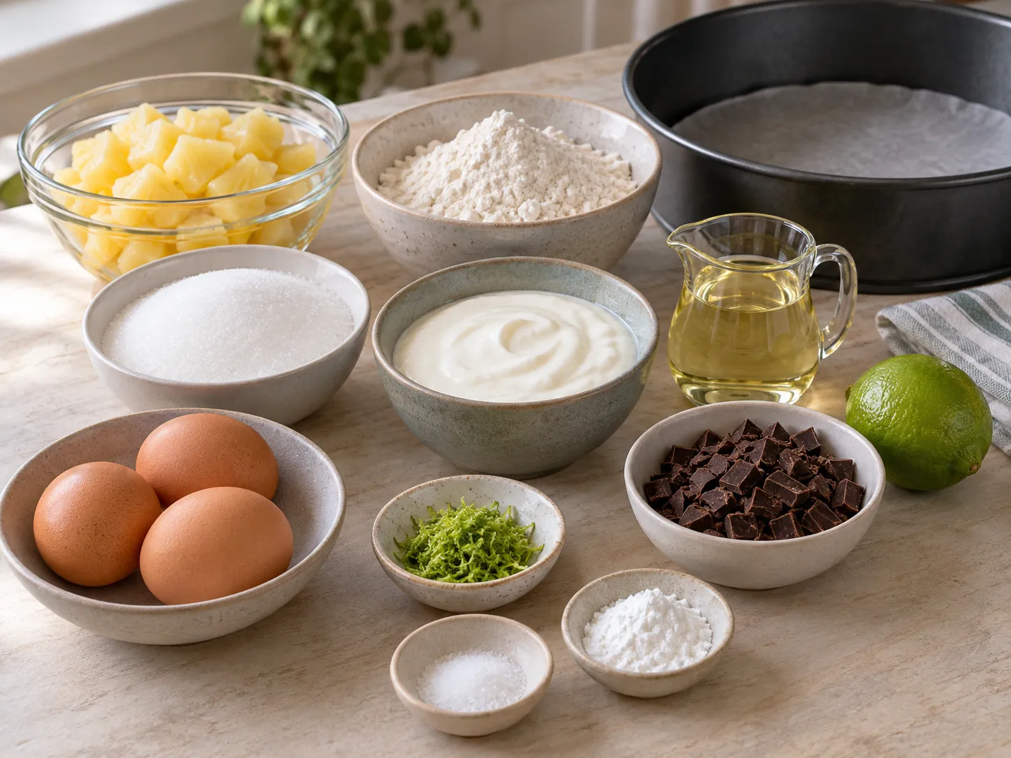 large eggs, granulated sugar, plain full-fat yogurt, neutral sunflower oil