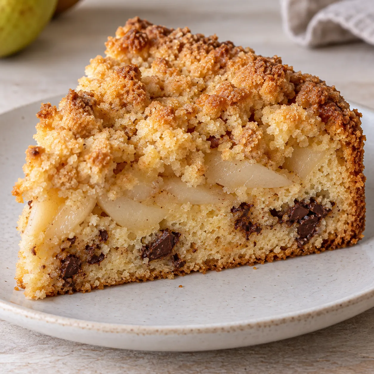 Crumble cake with pear and cardamom — dark chocolate