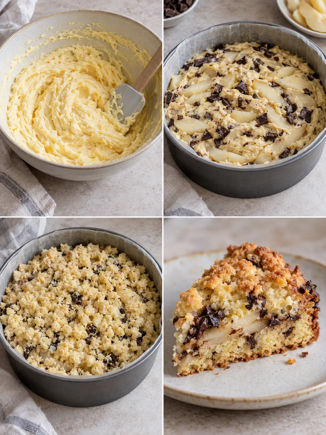 Crumble cake with pear and cardamom — dark chocolate