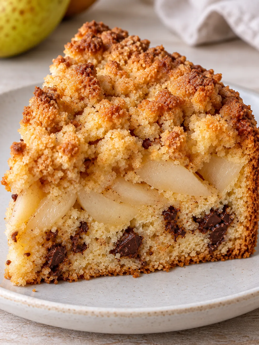 Crumble cake with pear and cardamom — dark chocolate