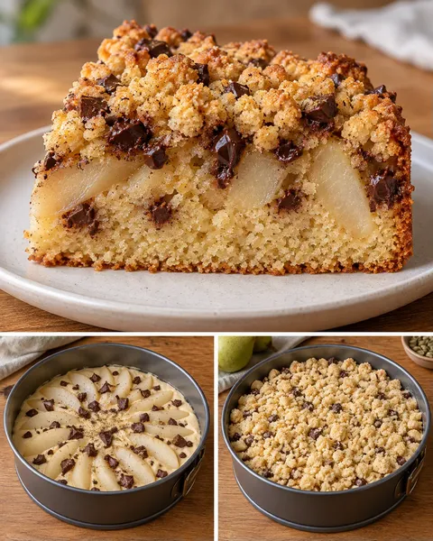 Crumble cake with pear and cardamom — dark chocolate