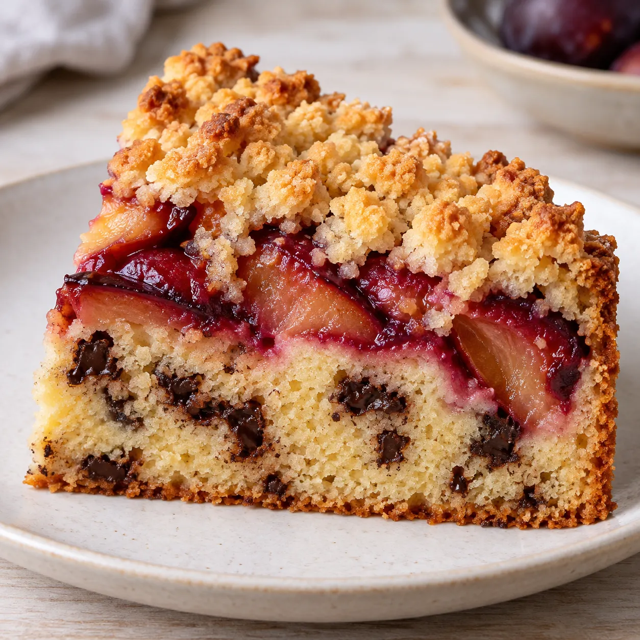 Crumble cake with plums and vanilla — dark chocolate