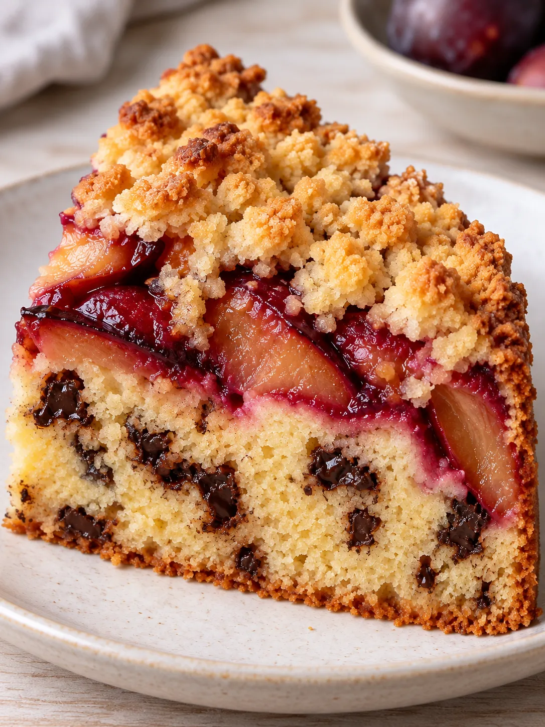 Crumble cake with plums and vanilla — dark chocolate