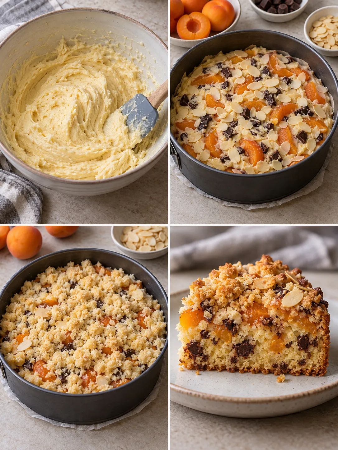 Crumble cake with apricots and almonds — dark chocolate