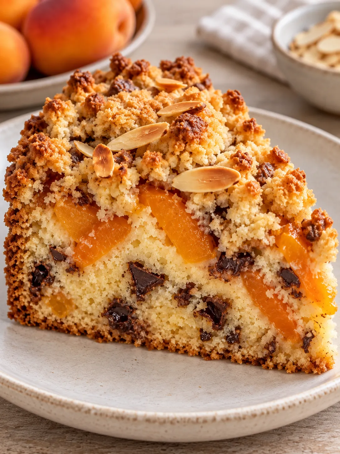 Crumble cake with apricots and almonds — dark chocolate