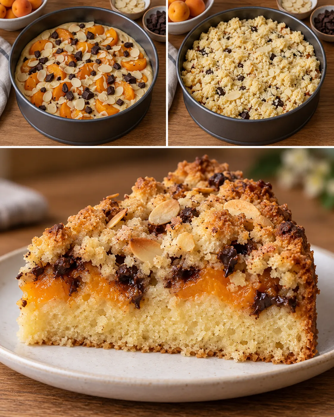 Crumble cake with apricots and almonds — dark chocolate
