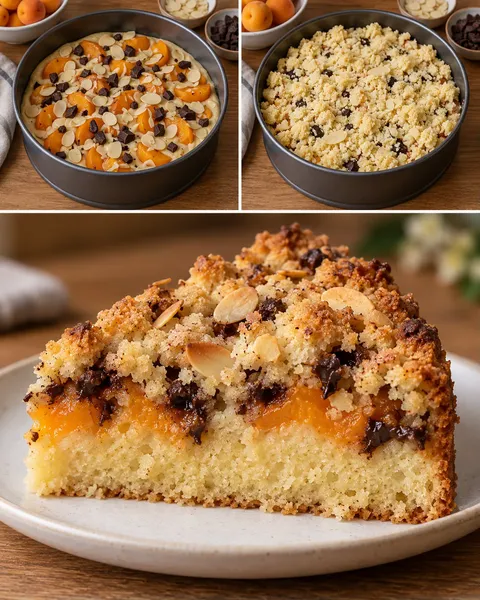 Crumble cake with apricots and almonds — dark chocolate