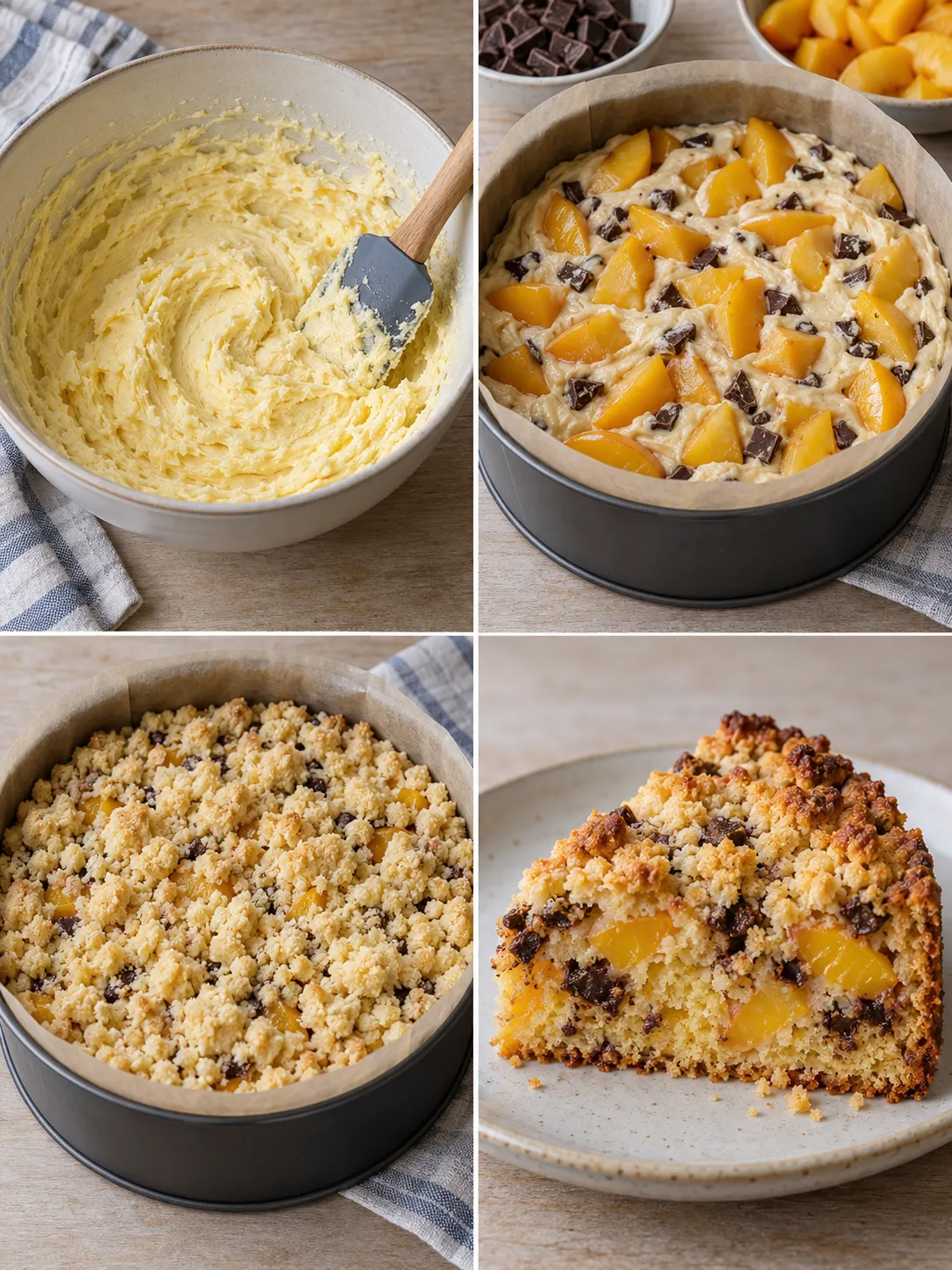 Crumble cake with peaches and vanilla — dark chocolate