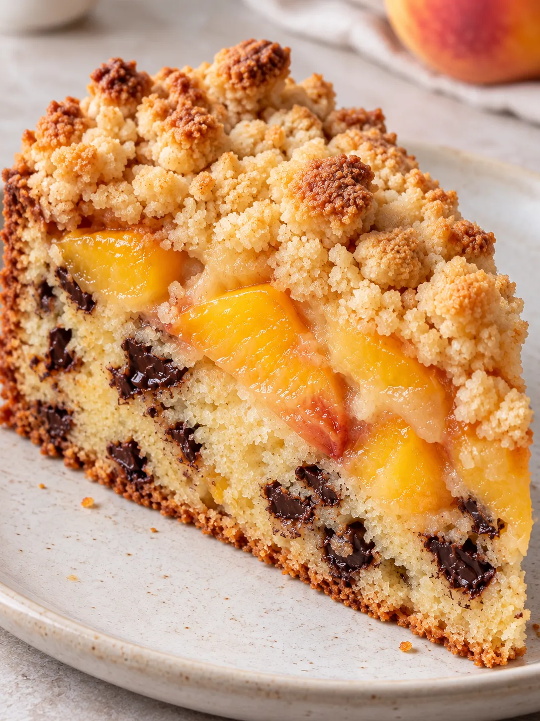 Crumble cake with peaches and vanilla — dark chocolate