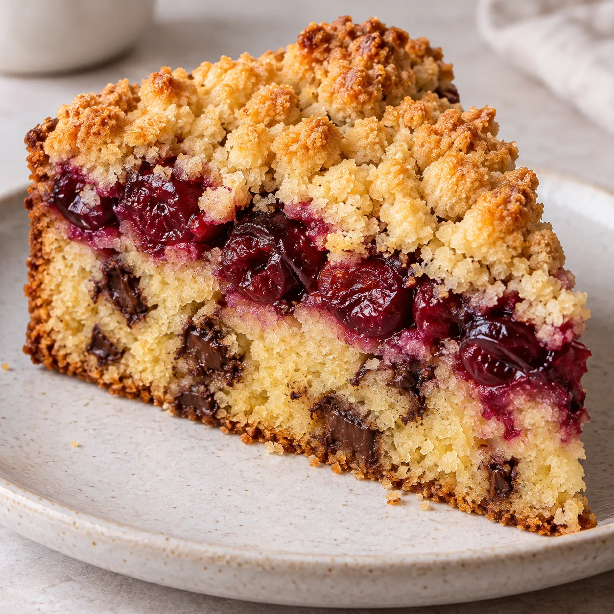 Crumble cake with cherries and lemon — dark chocolate