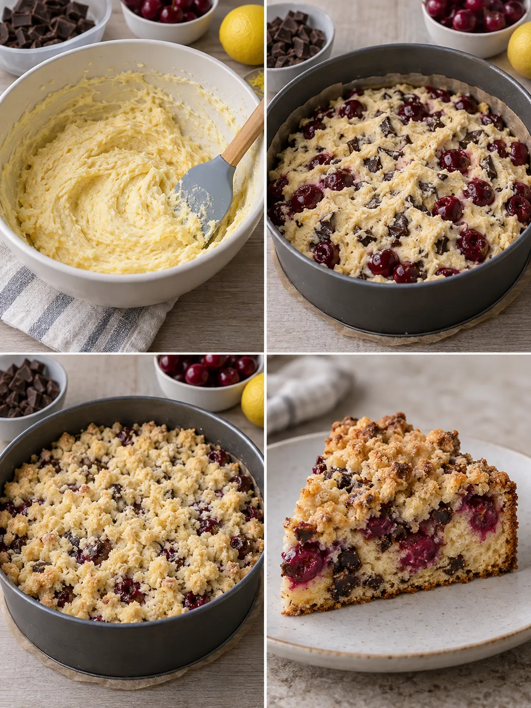 Crumble cake with cherries and lemon — dark chocolate