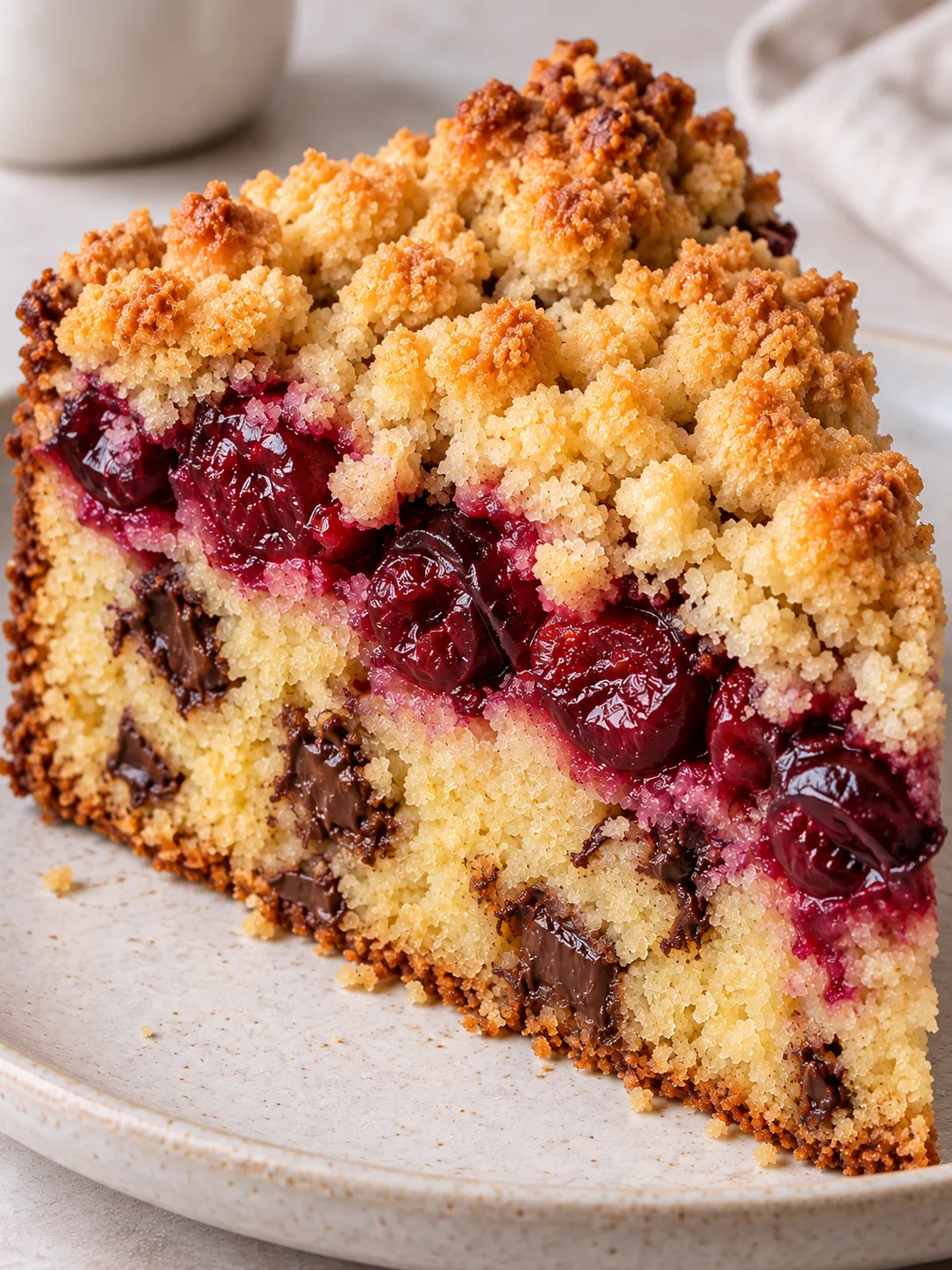 Crumble cake with cherries and lemon — dark chocolate