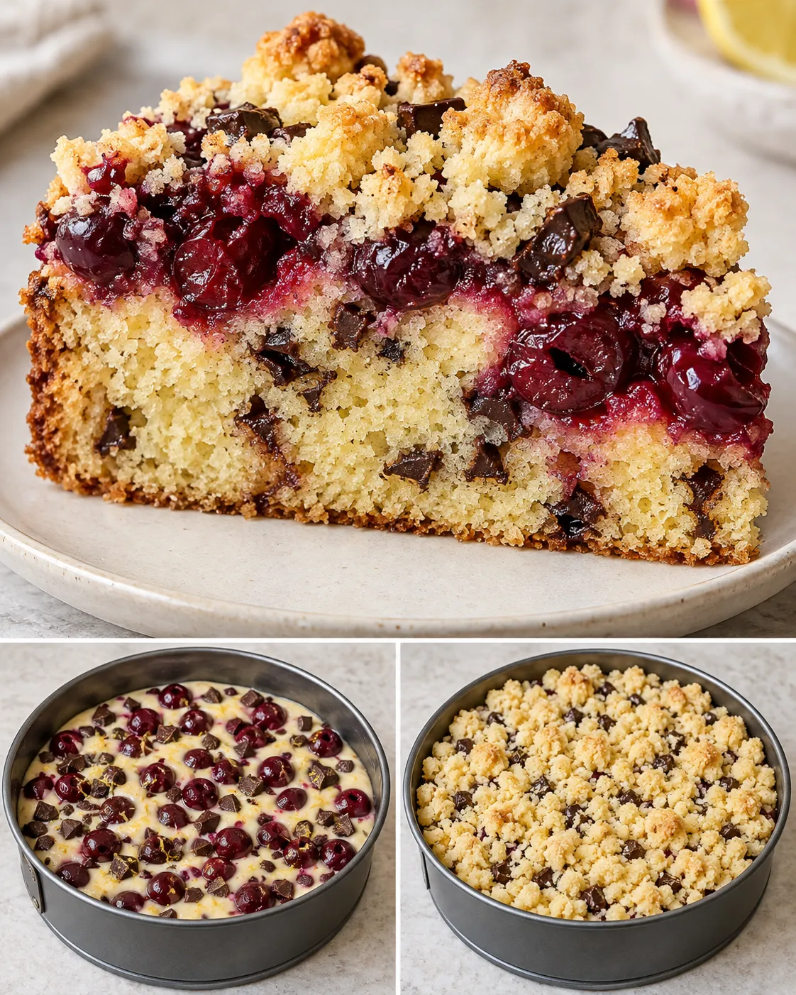 Crumble cake with cherries and lemon — dark chocolate