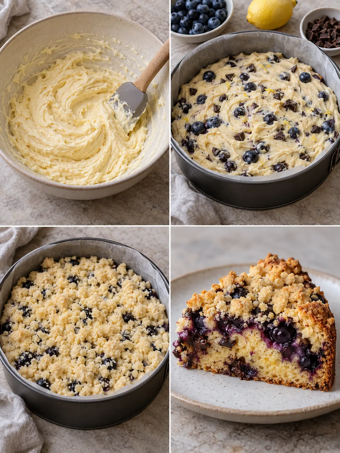 Crumble cake with blueberries and lemon — dark chocolate
