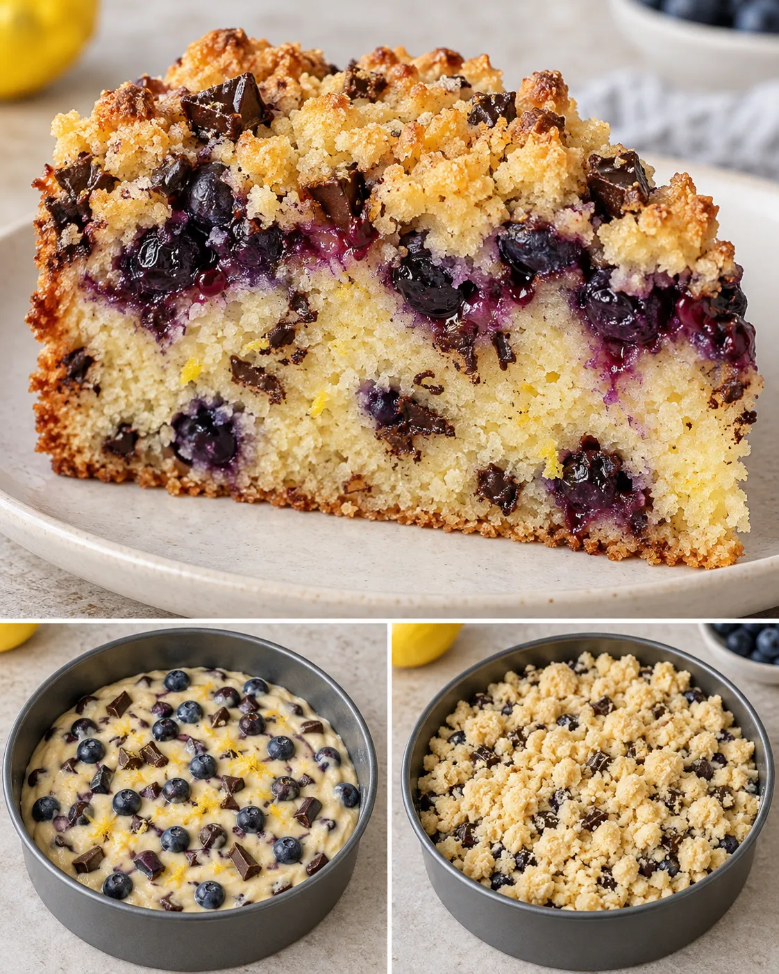 Crumble cake with blueberries and lemon — dark chocolate