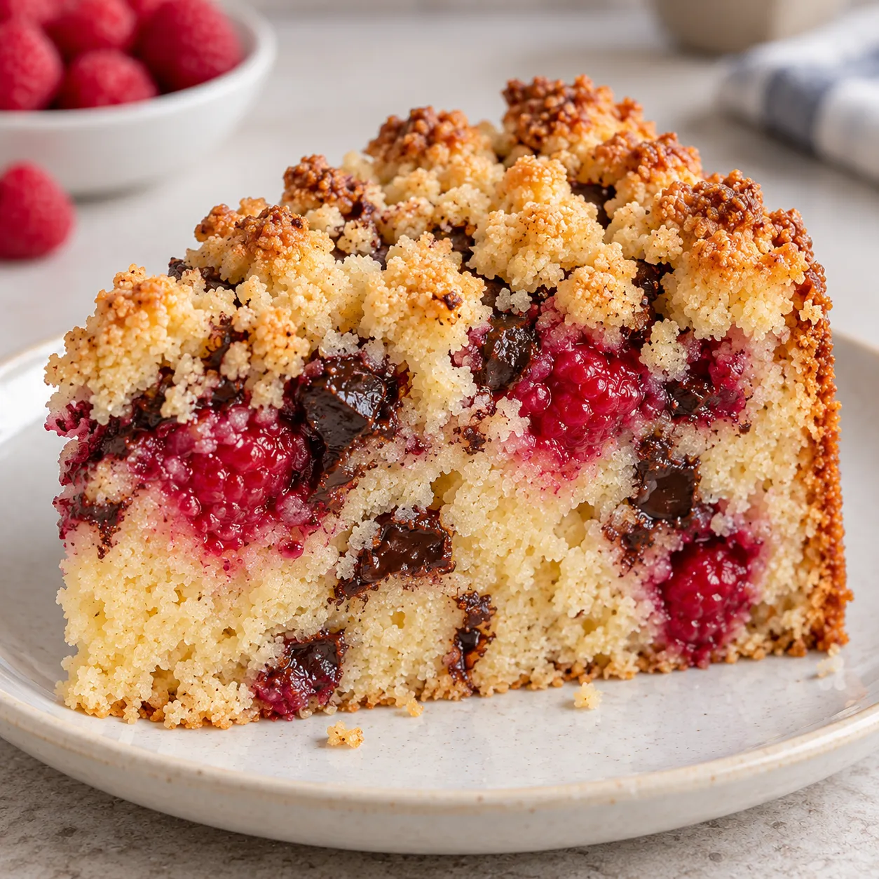 Crumble cake with raspberries and vanilla — dark chocolate