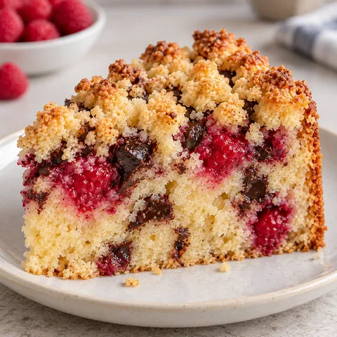 Crumble cake with raspberries and vanilla — dark chocolate