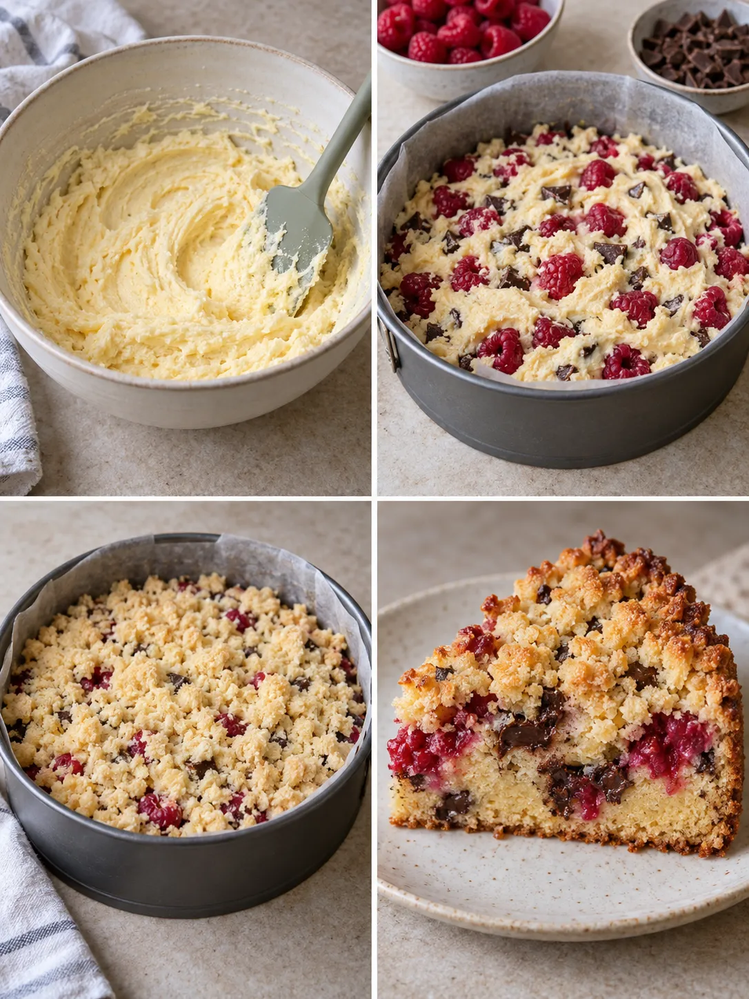 Crumble cake with raspberries and vanilla — dark chocolate