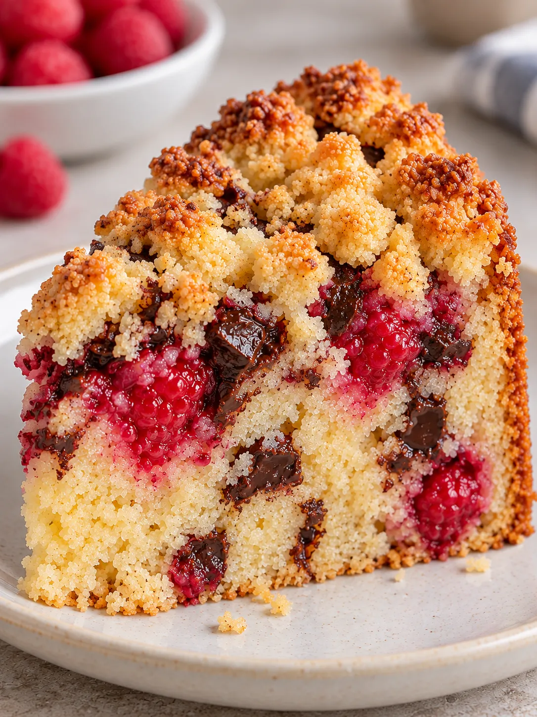 Crumble cake with raspberries and vanilla — dark chocolate