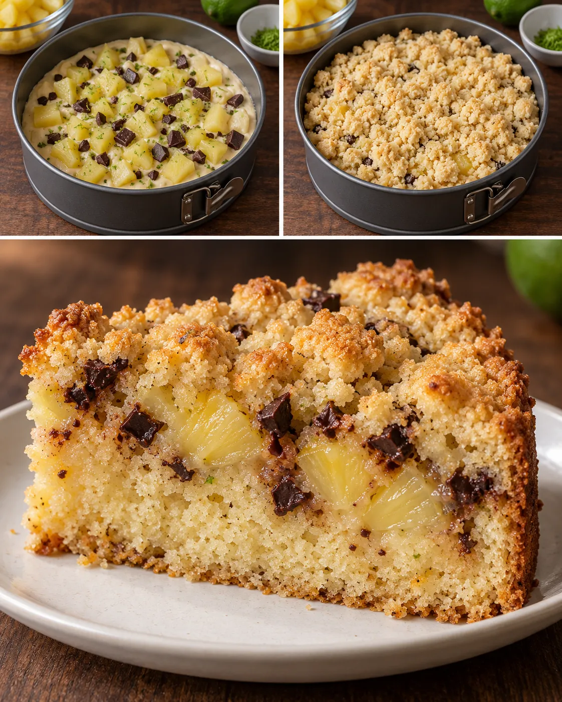 Crumble cake with pineapple and lime — dark chocolate