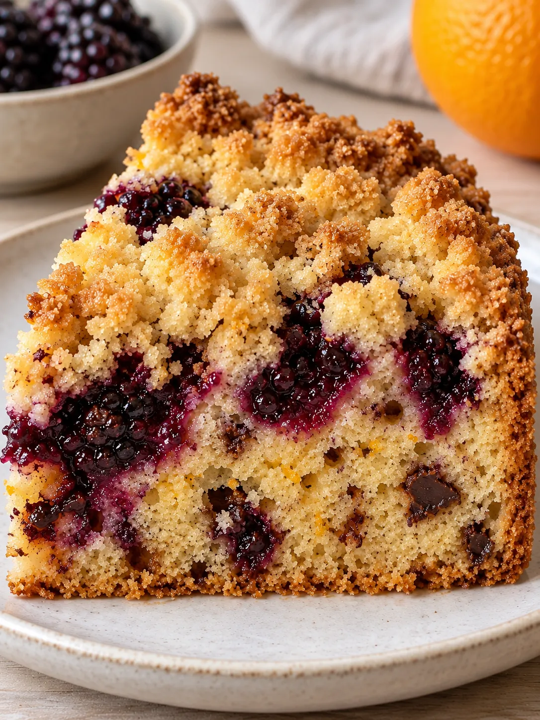 Crumble cake with blackberries and orange — dark chocolate