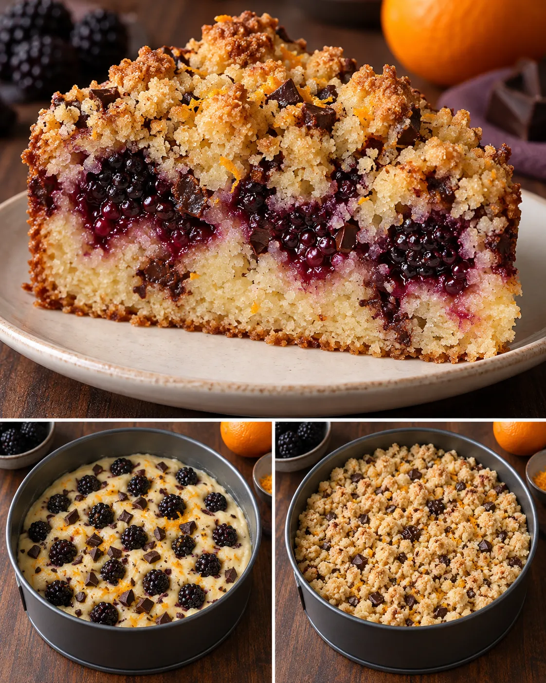 Crumble cake with blackberries and orange — dark chocolate
