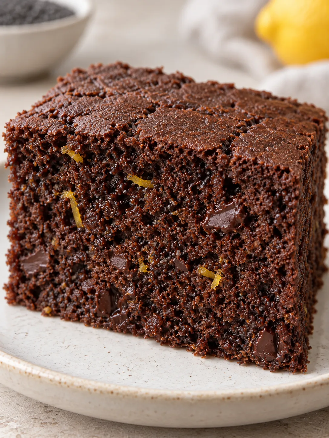 Chocolate sheet cake with lemon and poppy seeds — dark chocolate