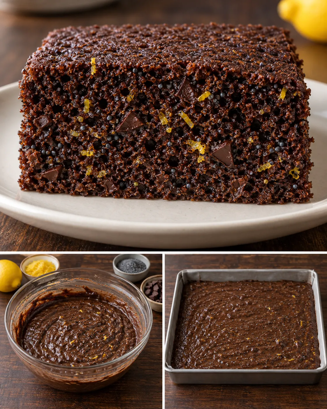 Chocolate sheet cake with lemon and poppy seeds — dark chocolate