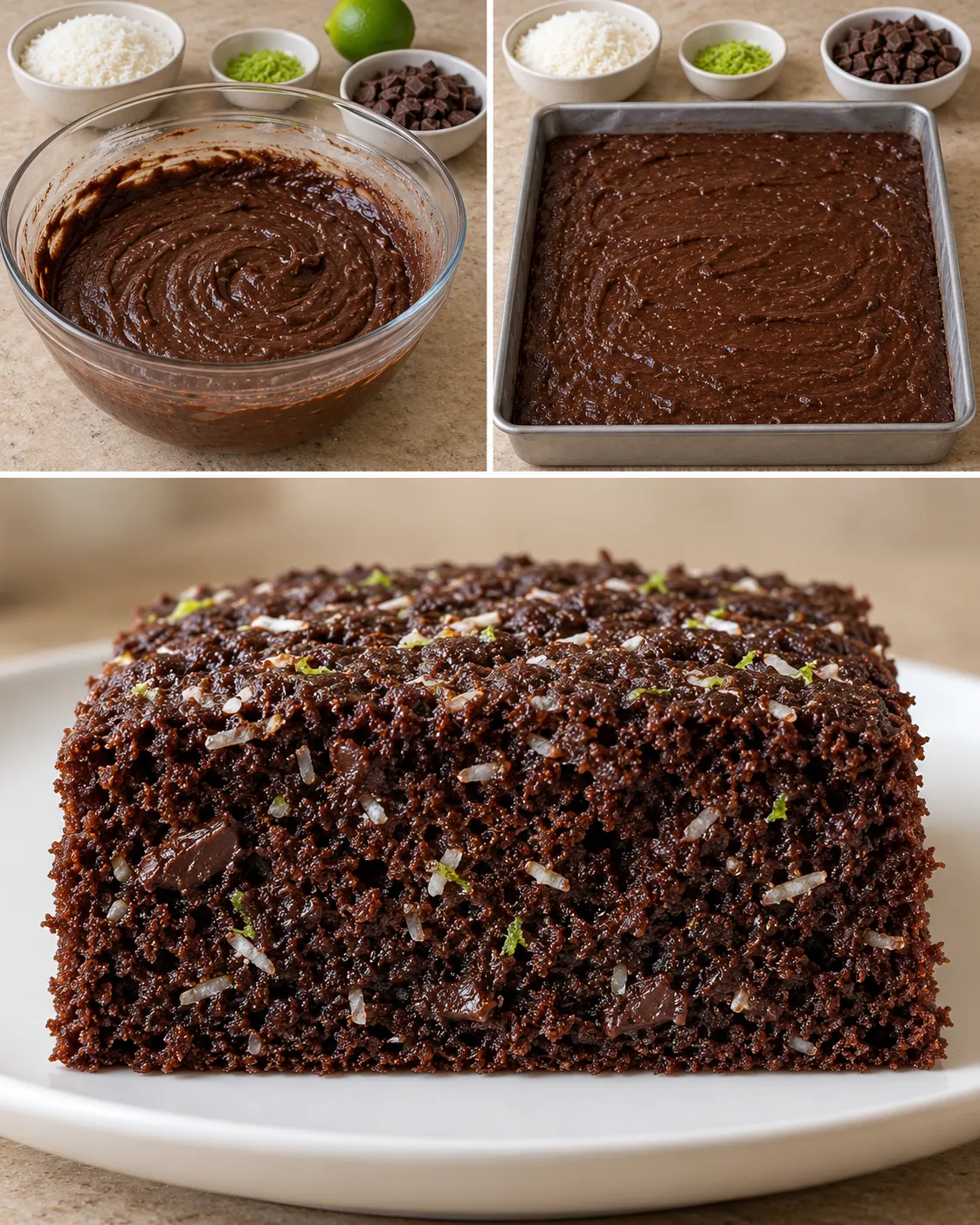 Chocolate sheet cake with coconut and lime — dark chocolate
