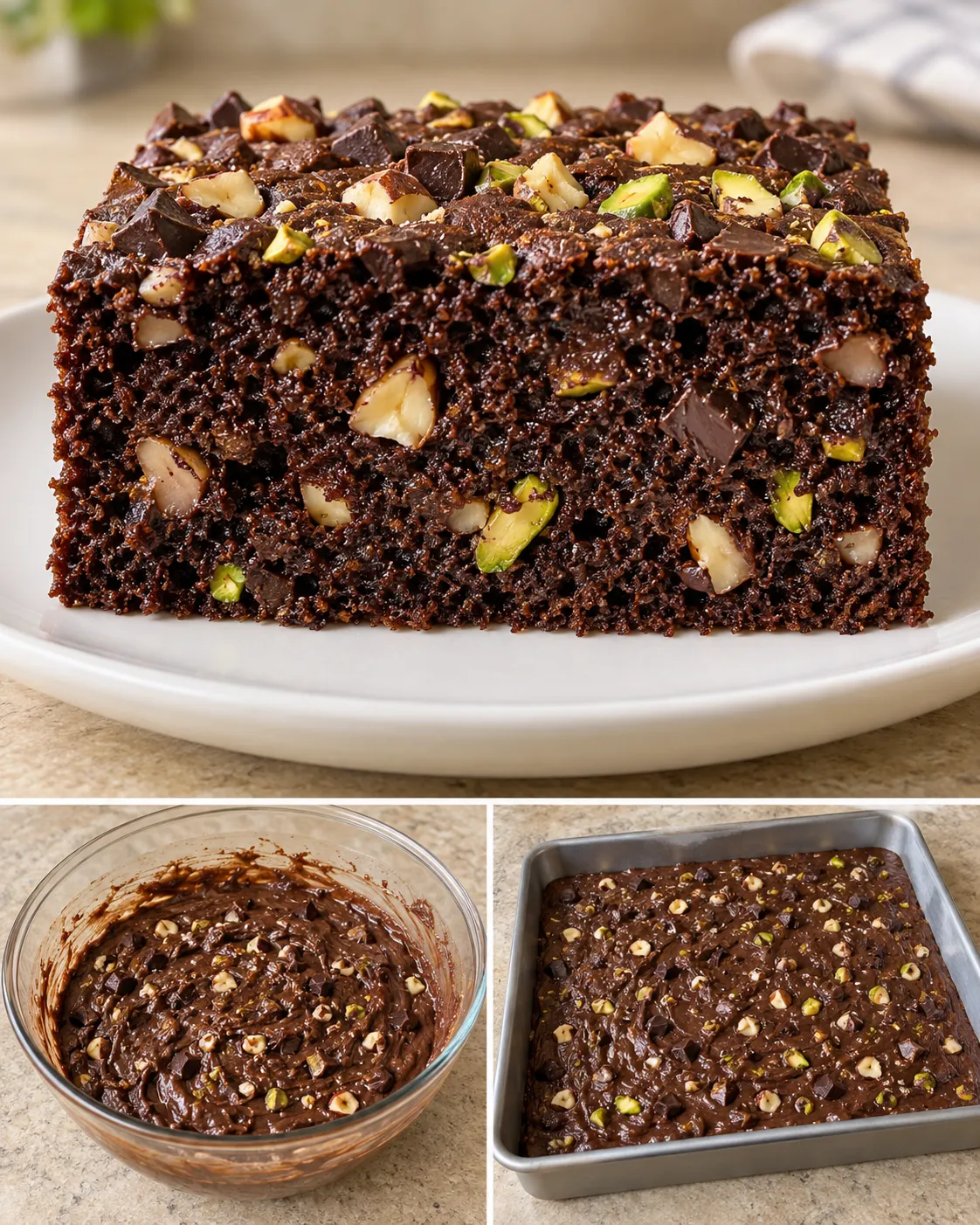 Chocolate sheet cake with chocolate and hazelnuts — pistachios