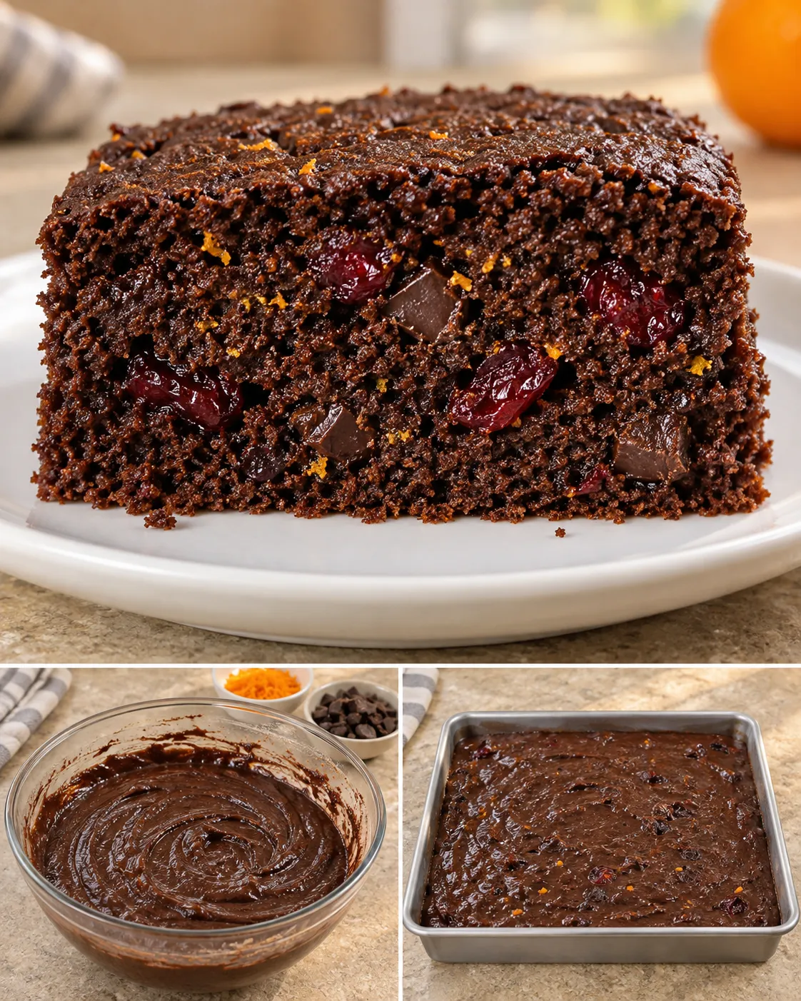 Chocolate sheet cake with cranberries and orange — dark chocolate